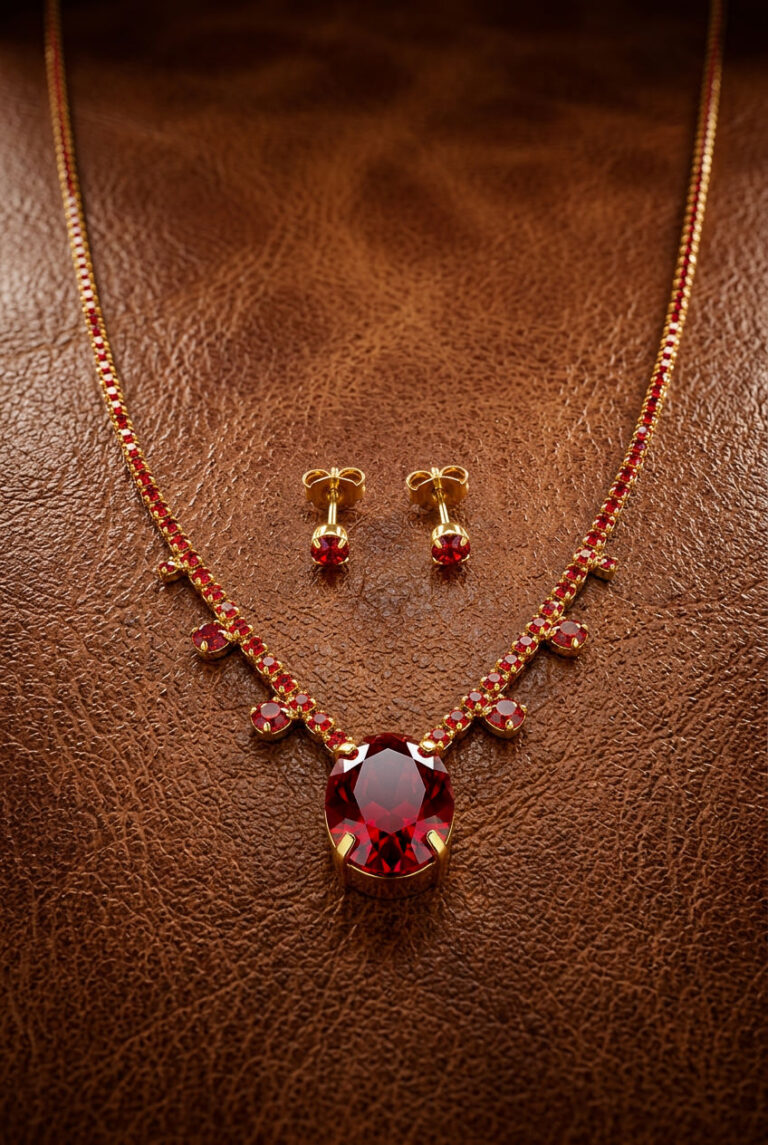 Classic Ruby Statement Necklace with Earrings Studs