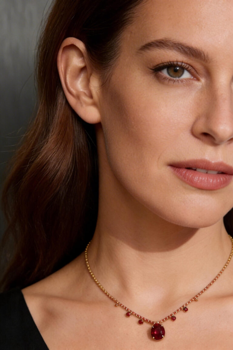 Classic Ruby Statement Necklace with Earrings Studs