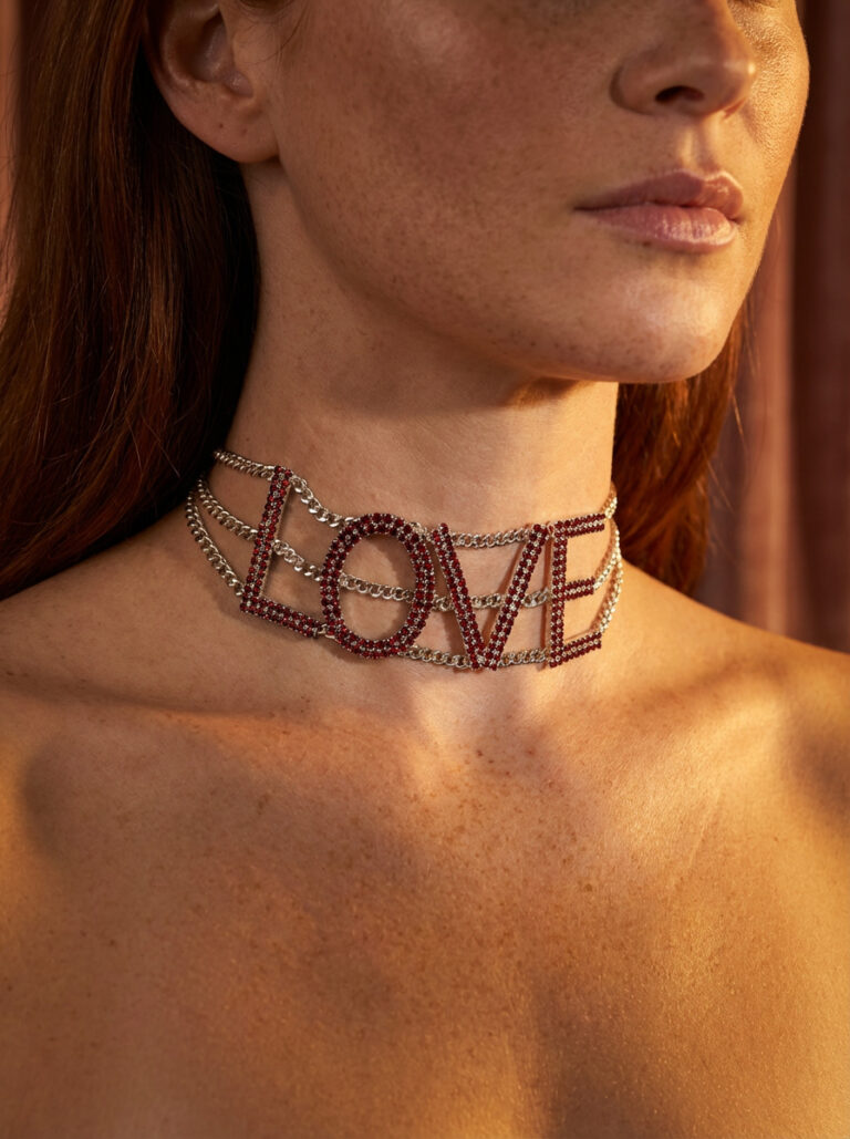 Bold LOVE Ruby Choker with Triple Chain Design