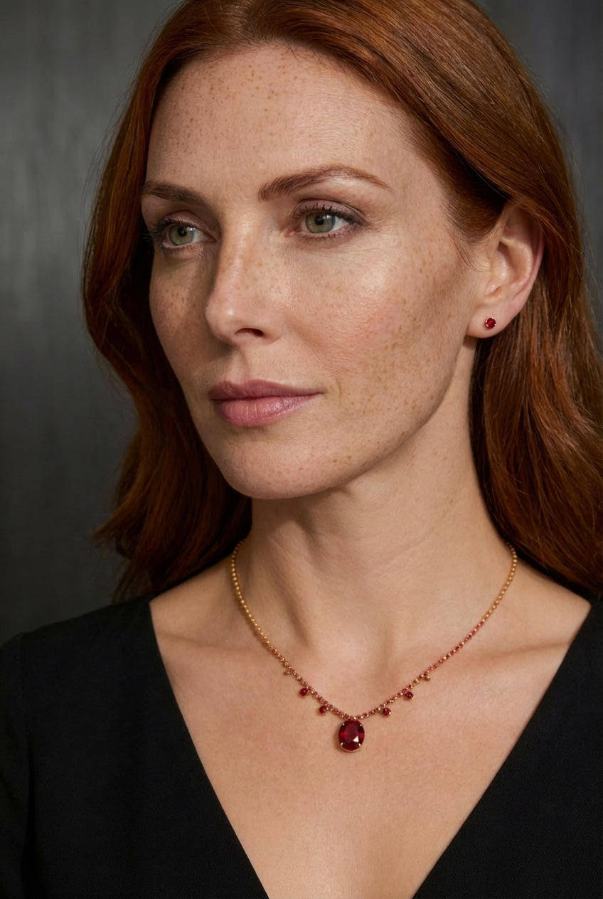 Classic Ruby Statement Necklace with Earrings Studs