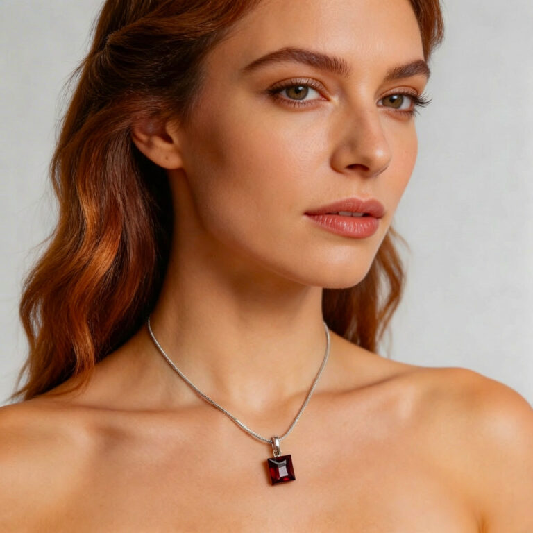 Minimalist Square Garnet Pendant in White Gold-Tone Silver