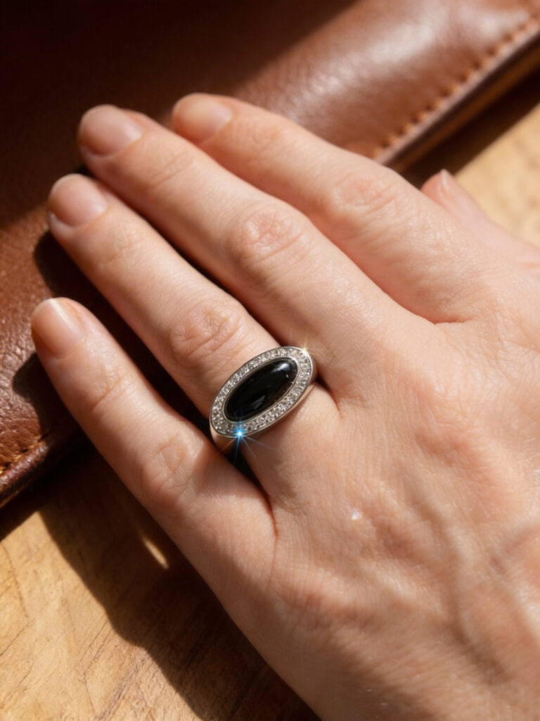 Modern Sterling Silver Black Onyx Statement Ring with Horizontal Design