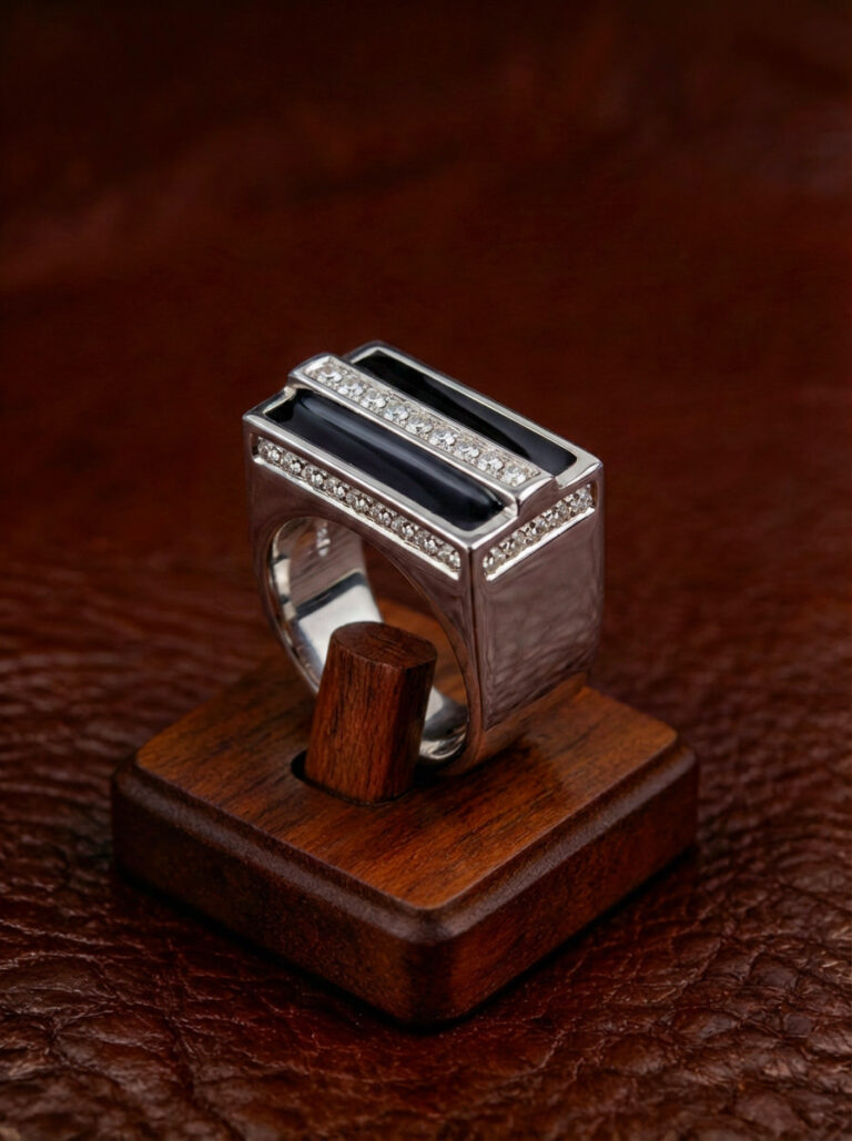 Elegant Silver Signet Ring with Black Enamel and Zirconia