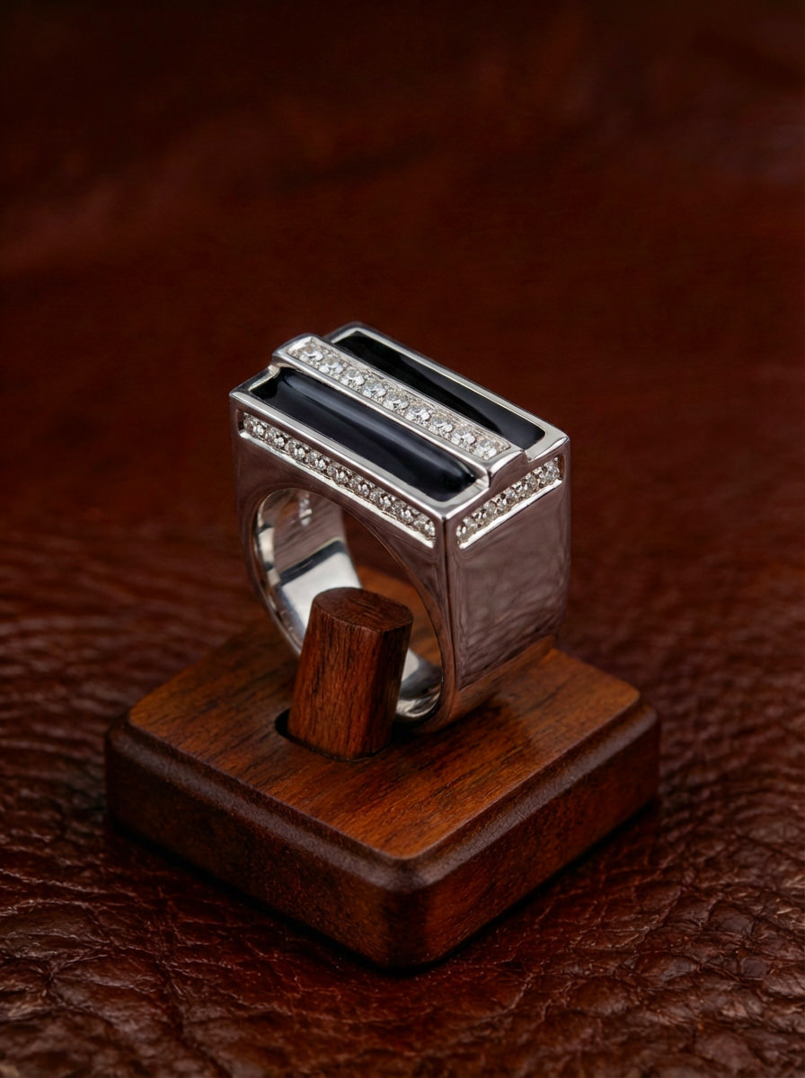 Elegant Silver Signet Ring with Black Enamel and Zirconia