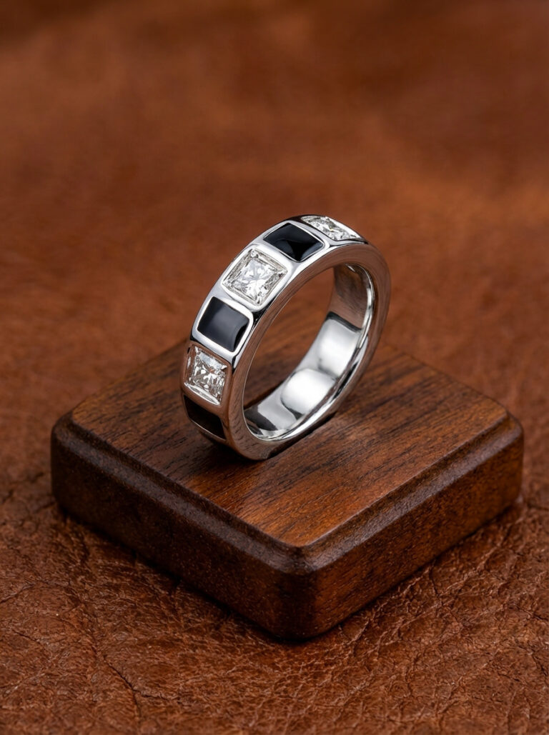 Sculptural Silver Ring with Black Enamel and Brilliant Zirconia