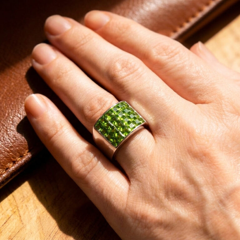 Modern Wide Silver Ring with Peridot Zircons