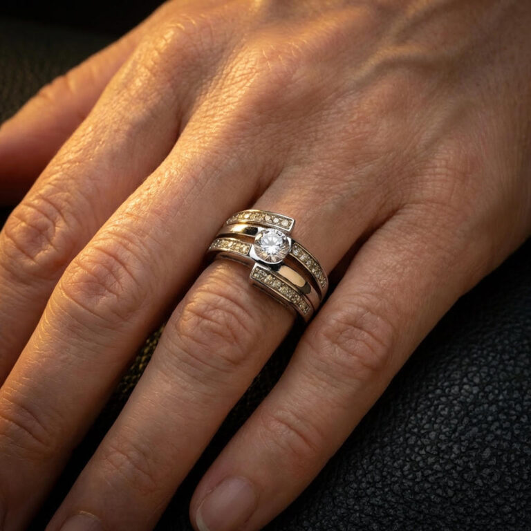 Statement Ring with Central Brilliant Zircon and Multi-Row Detail