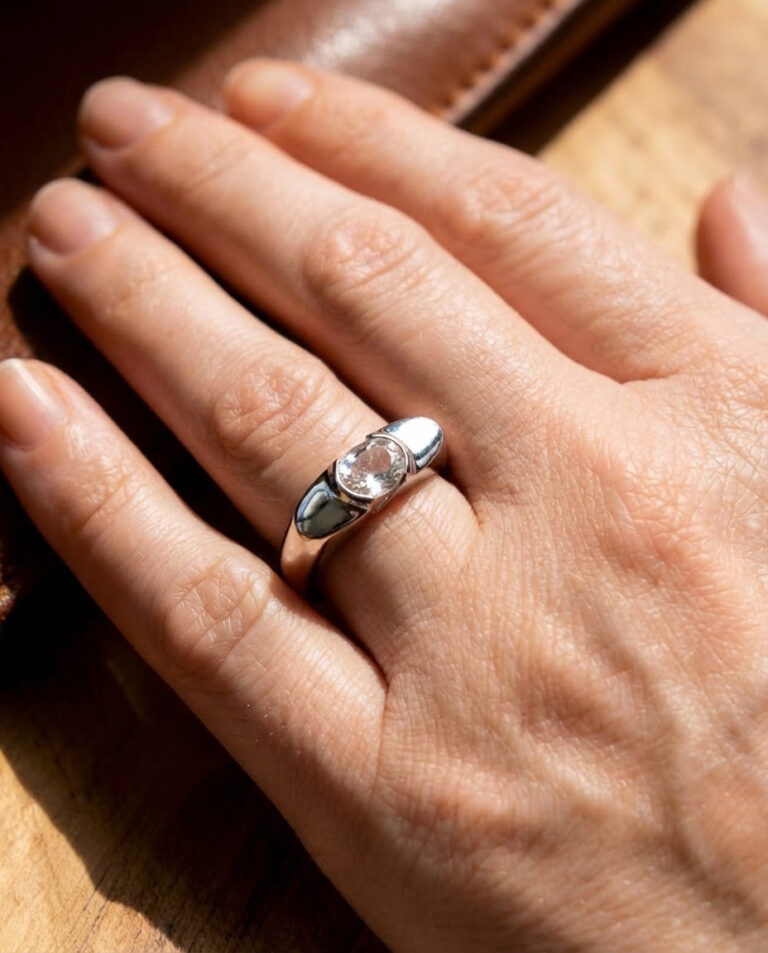 Architectural Silver Ring in White Gold Tone with Oval Zircon Centre