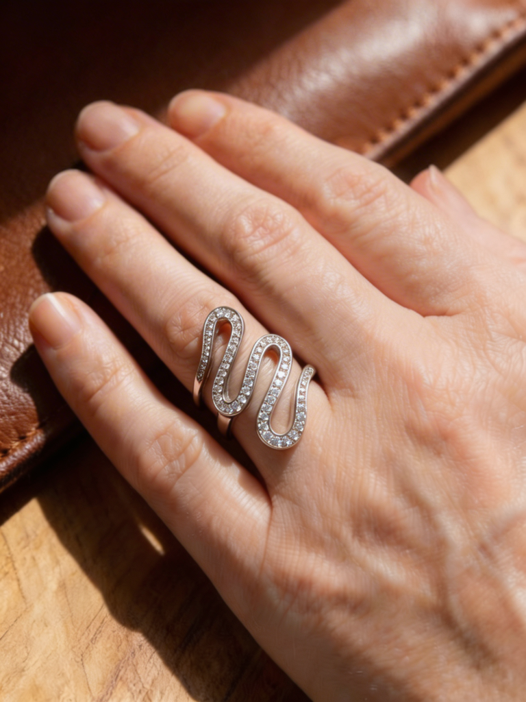 Sculptural Serpent Pavé Sterling Silver Ring in White Gold Tone