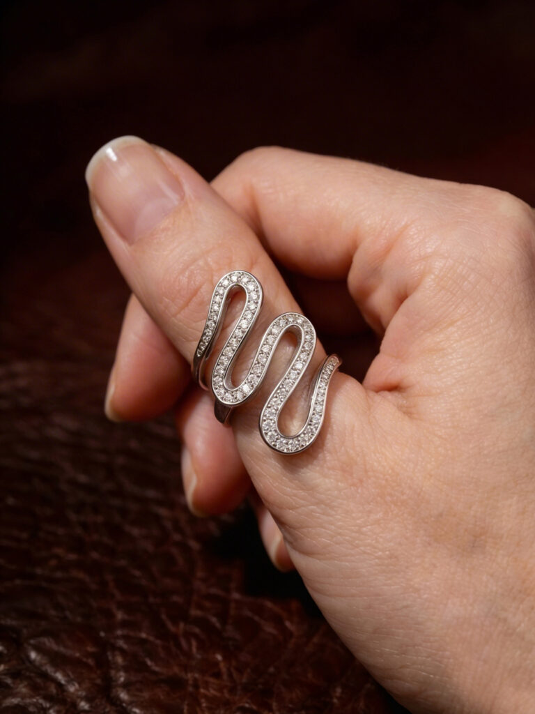 Sculptural Serpent Pavé Sterling Silver Ring in White Gold Tone