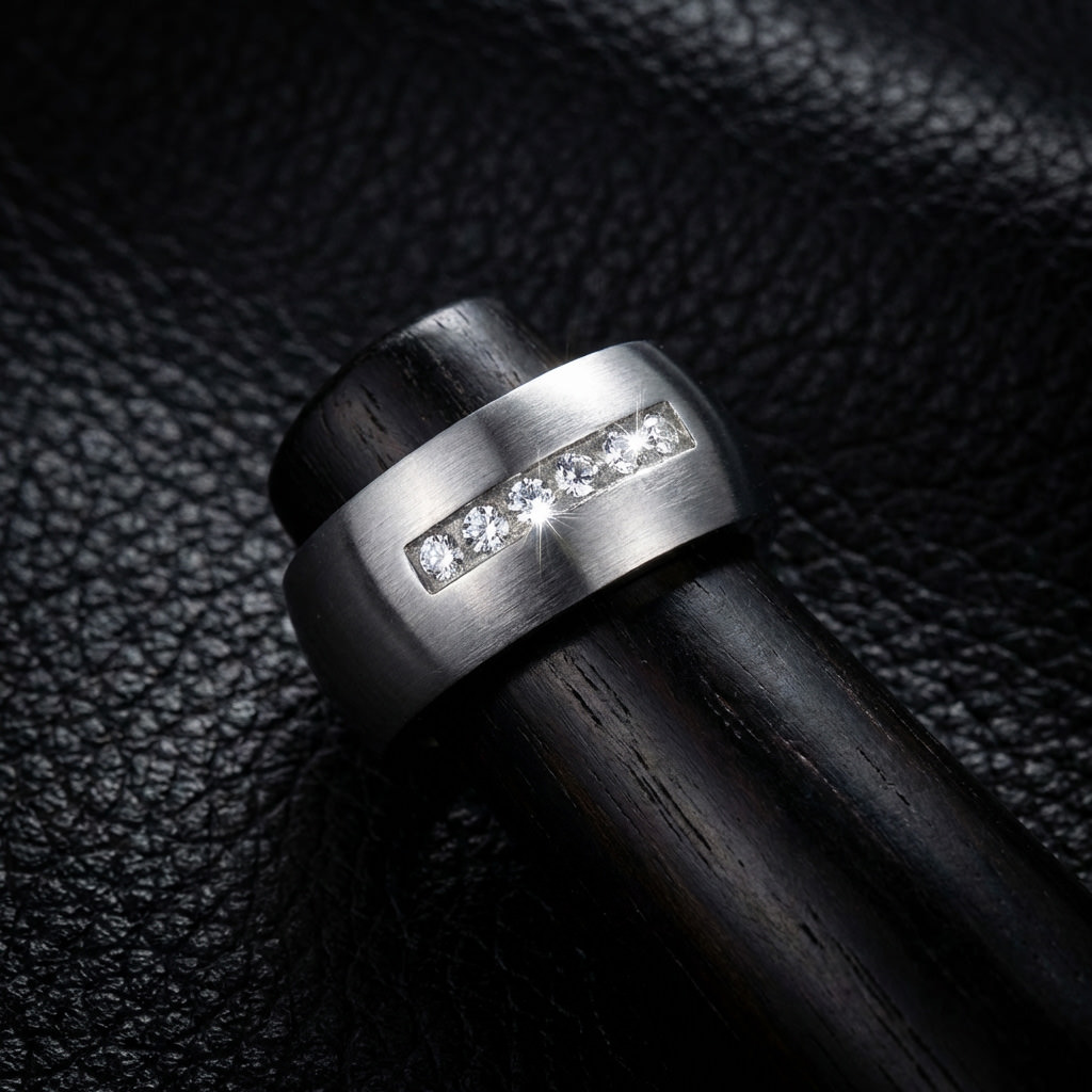 Contemporary Matte Steel Ring with Flush-Set Zircons