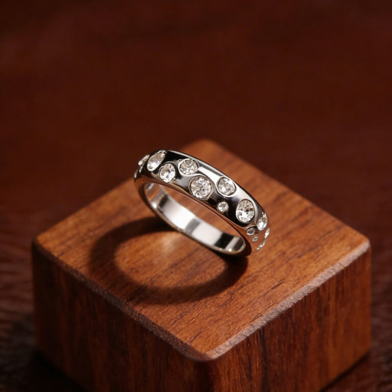 Contemporary White Gold Tone Silver Ring with Floating Zircons