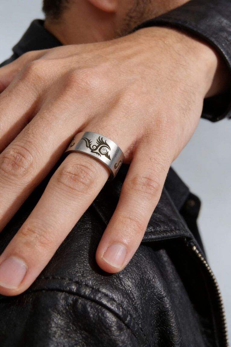 Wide Polished Steel Ring in Large Sizes with Engraving and Stone
