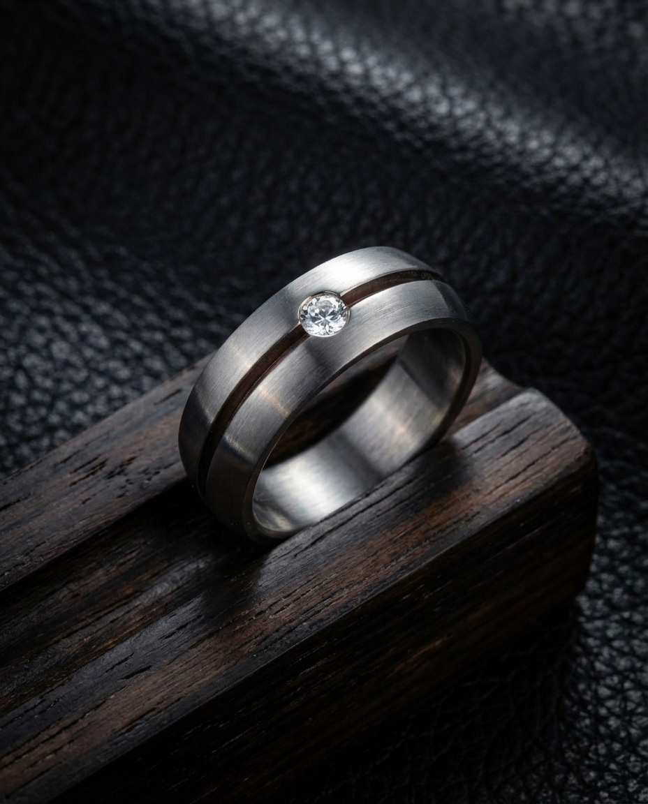 Elegant Matte Steel Ring with Single Transparent Zircon