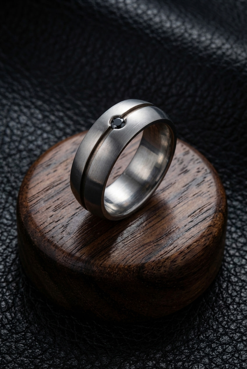 Matte Steel Ring with Black Zircon, Noble Sheen, 8mm Band - Image 2