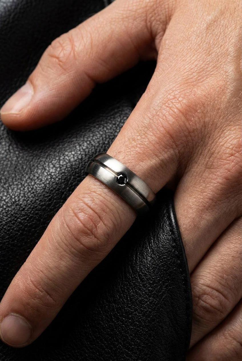 Matte Steel Ring with Black Zircon, Noble Sheen, 8mm Band