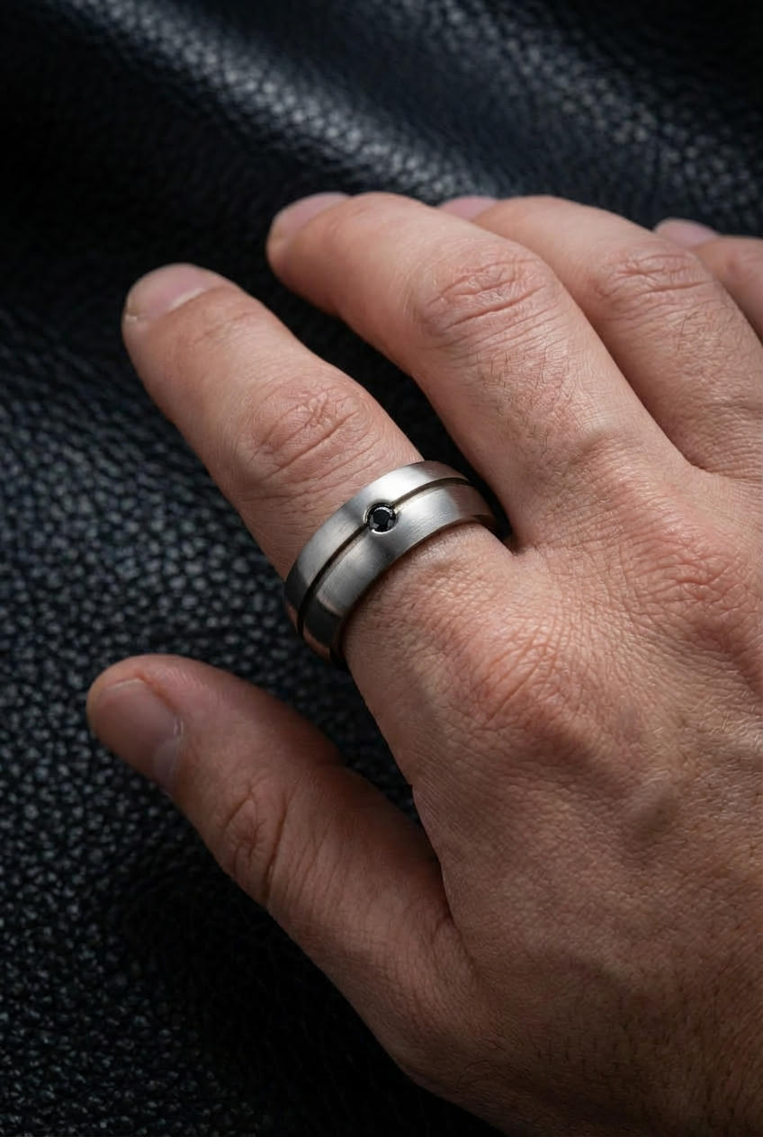 Matte Steel Ring with Black Zircon, Noble Sheen, 8mm Band - Image 4