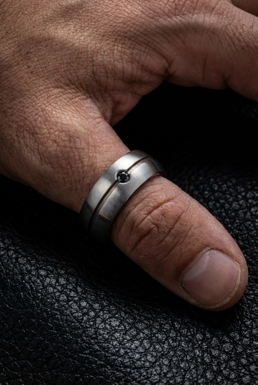 Matte Steel Ring with Black Zircon, Noble Sheen, 8mm Band - Image 3