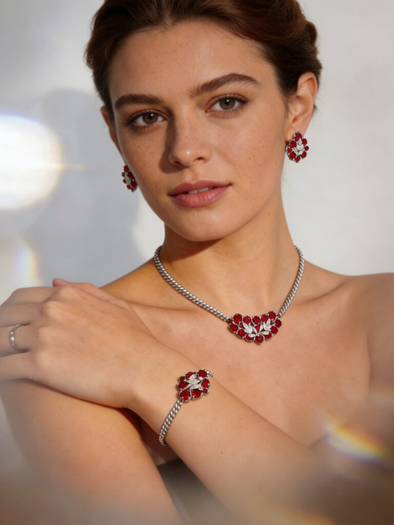 Elegant Ruby & Zircon Jewellery Set in White Gold Tone Silver