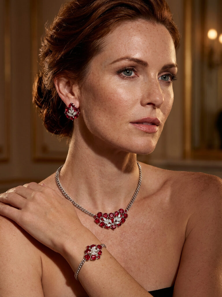 Elegant Ruby & Zircon Jewellery Set in White Gold Tone Silver