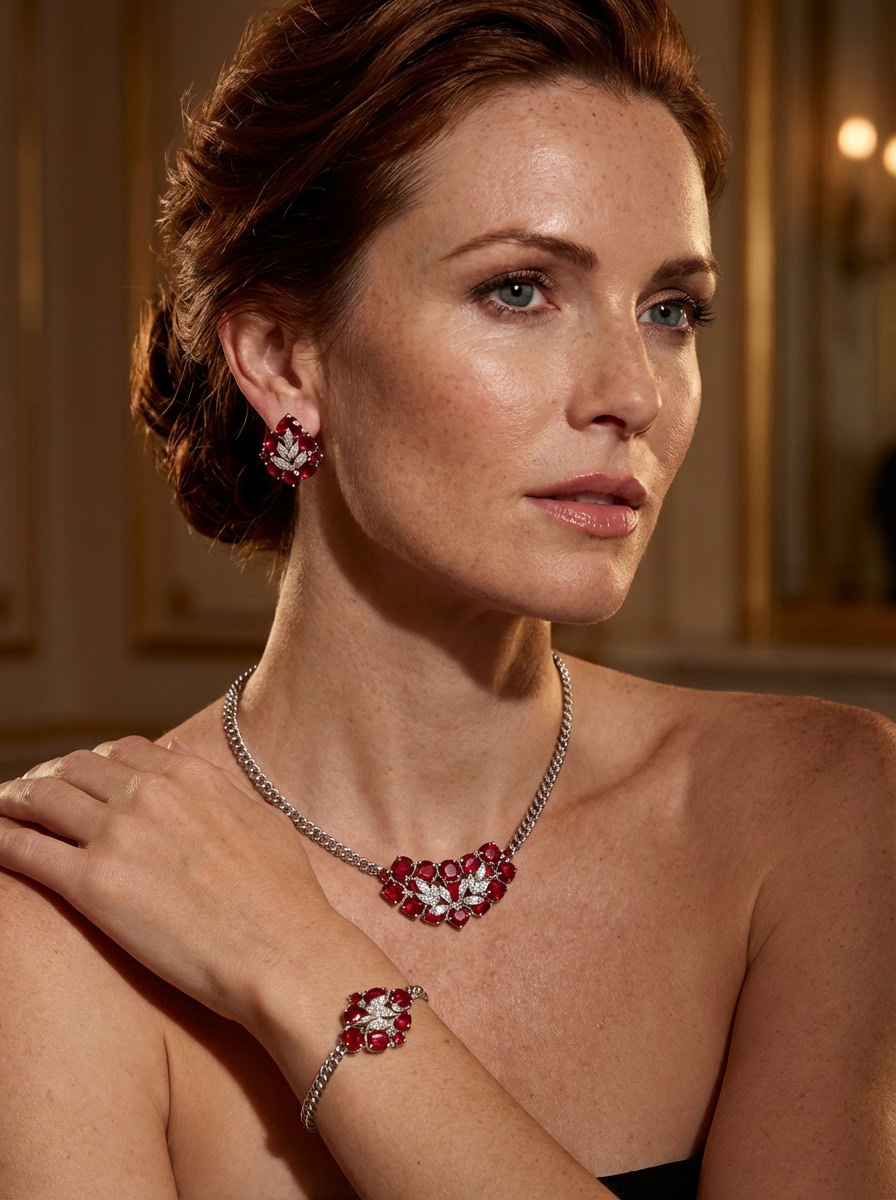 Elegant Ruby & Zircon Jewellery Set in White Gold Tone Silver