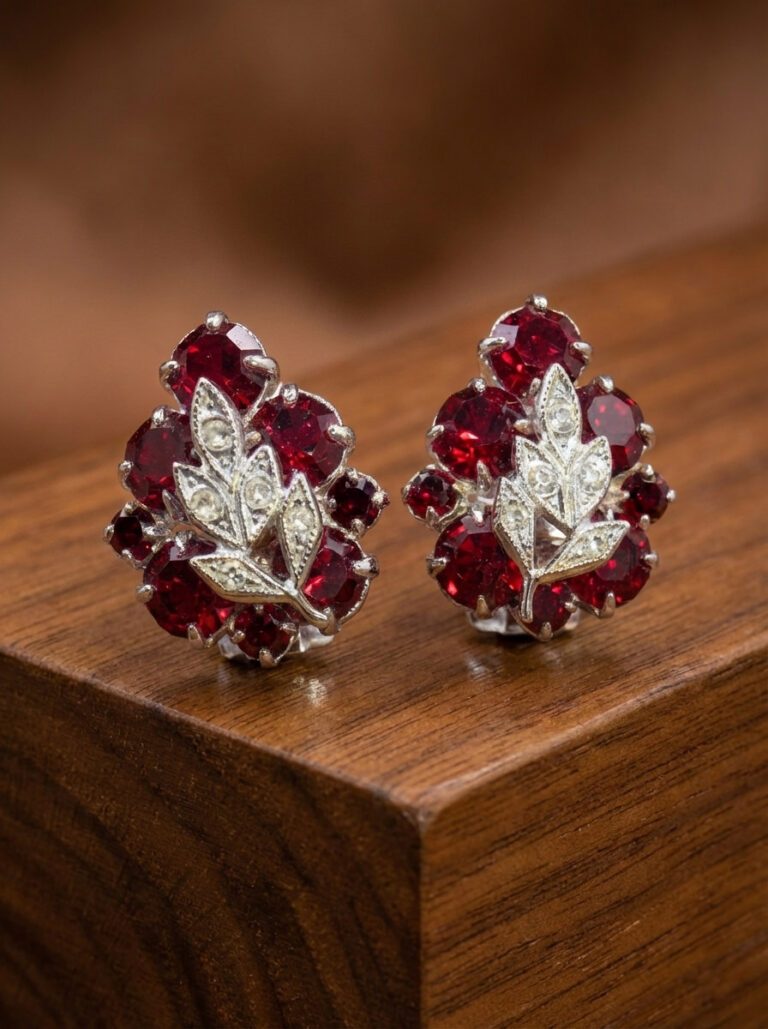 Elegant Ruby & Zircon Jewellery Set in White Gold Tone Silver
