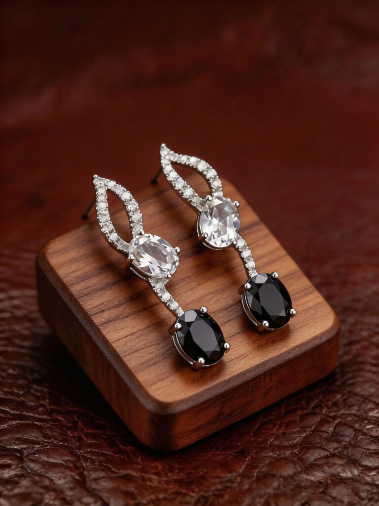 Faceted Crystal Quartz & Black Onyx Drop Earrings with Zirconia