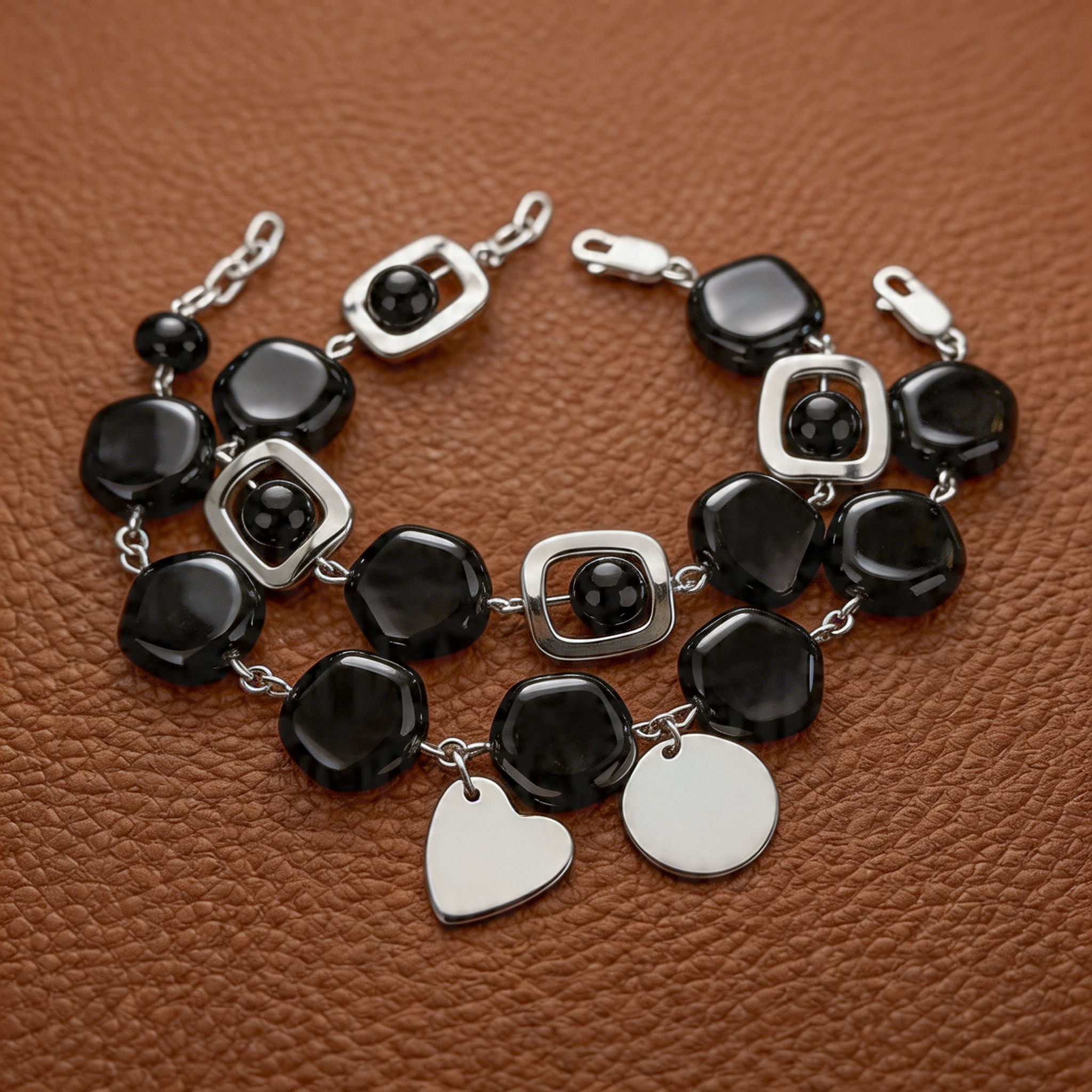 Black Czech Glass Bracelet Duo with Personalised Charms