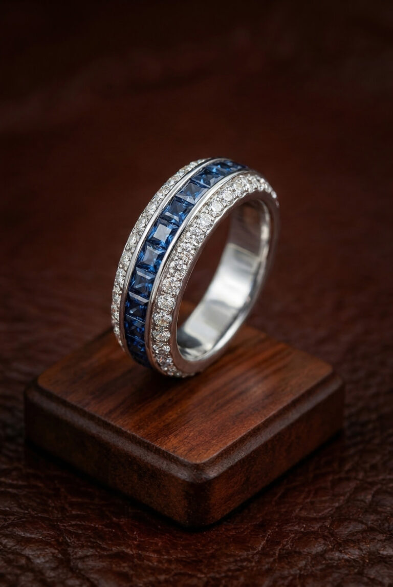 Blue Sapphire Eternity-Style Ring with Zircon Pavé