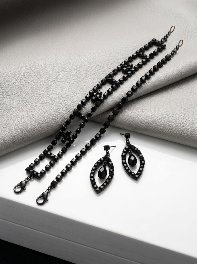 Black Onyx Stud Earrings and Double Bracelet Set