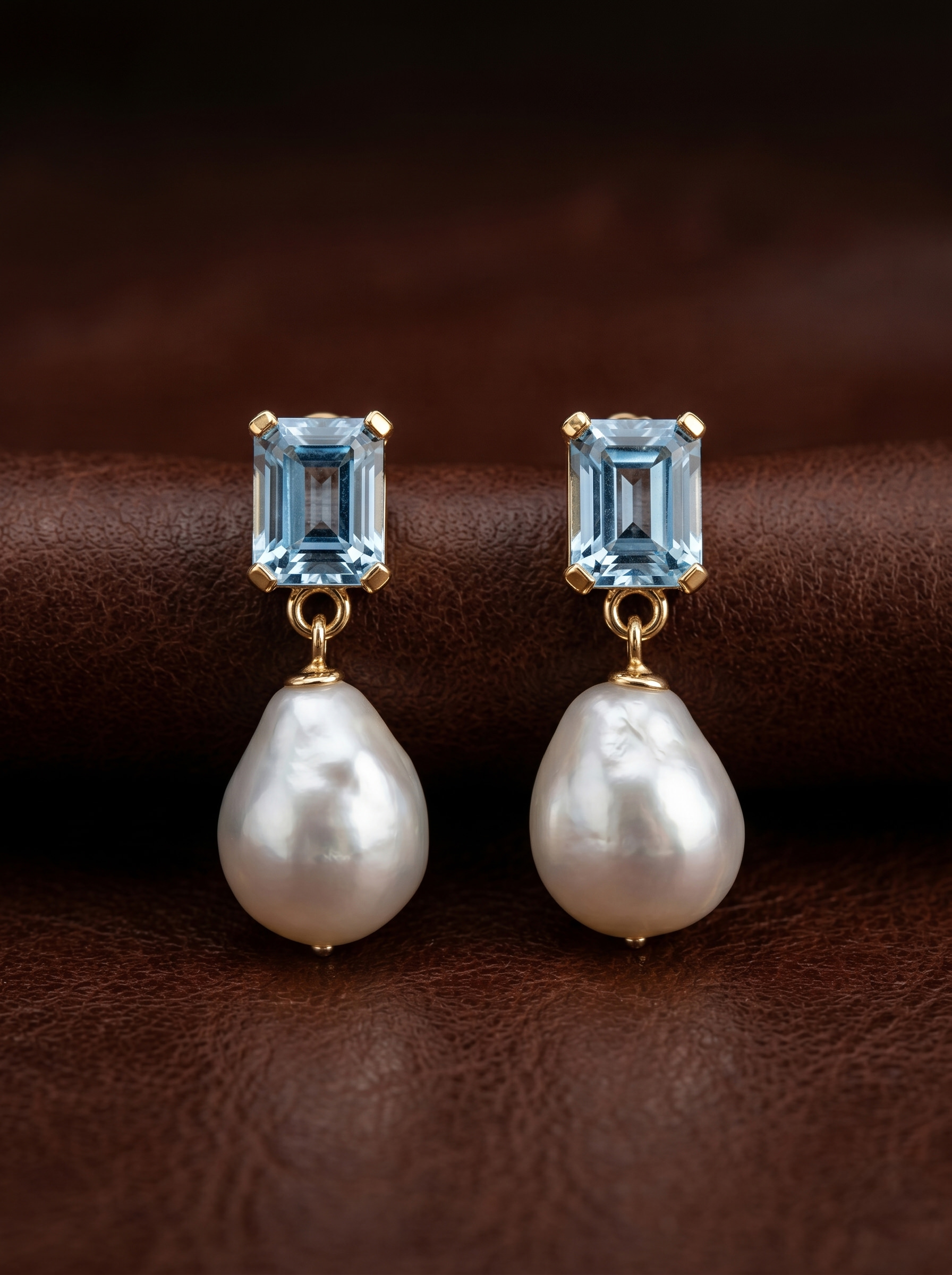 Aquamarine and Baroque Pearl Drop Stud Earrings