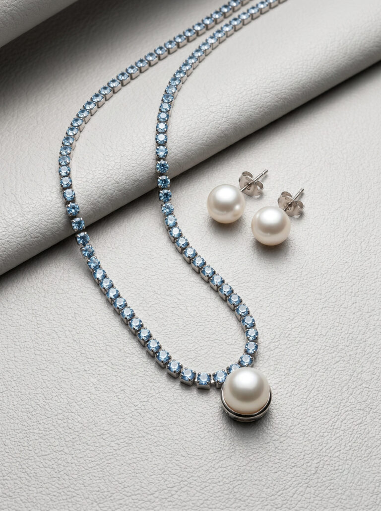 Vintage-Inspired Pearl and Blue Zirconia Jewellery Set
