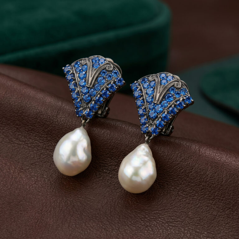 Baroque Pearl and Blue Sapphire Statement Clip Earrings