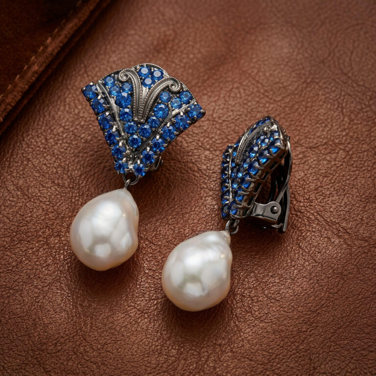 Baroque Pearl and Blue Sapphire Statement Clip Earrings