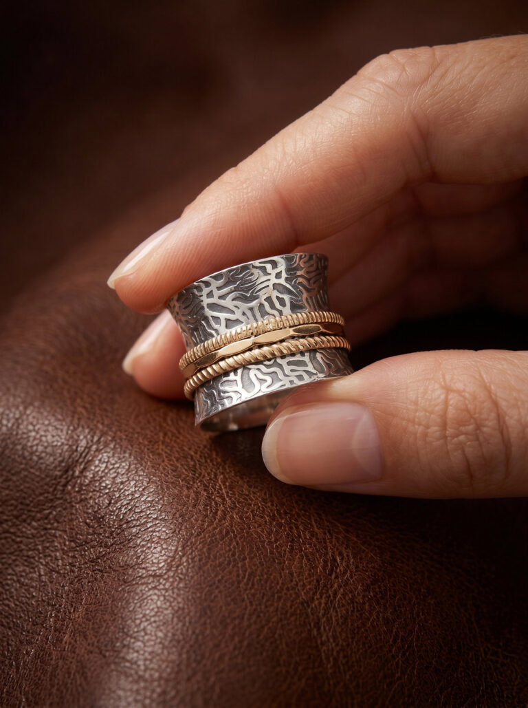 Wide Silver Spinner Ring with Gold-Tone Accents