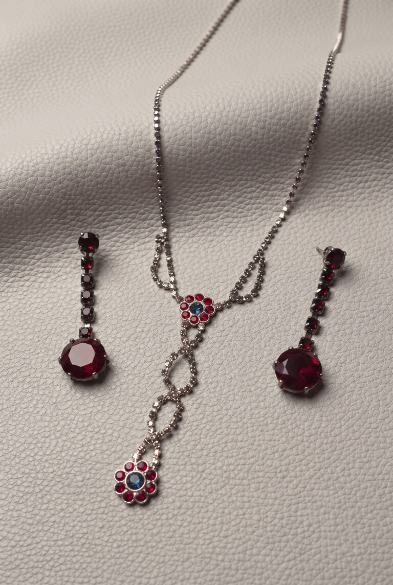 Red Garnet and Blue Sapphire Simulant Flower Necklace and Earrings