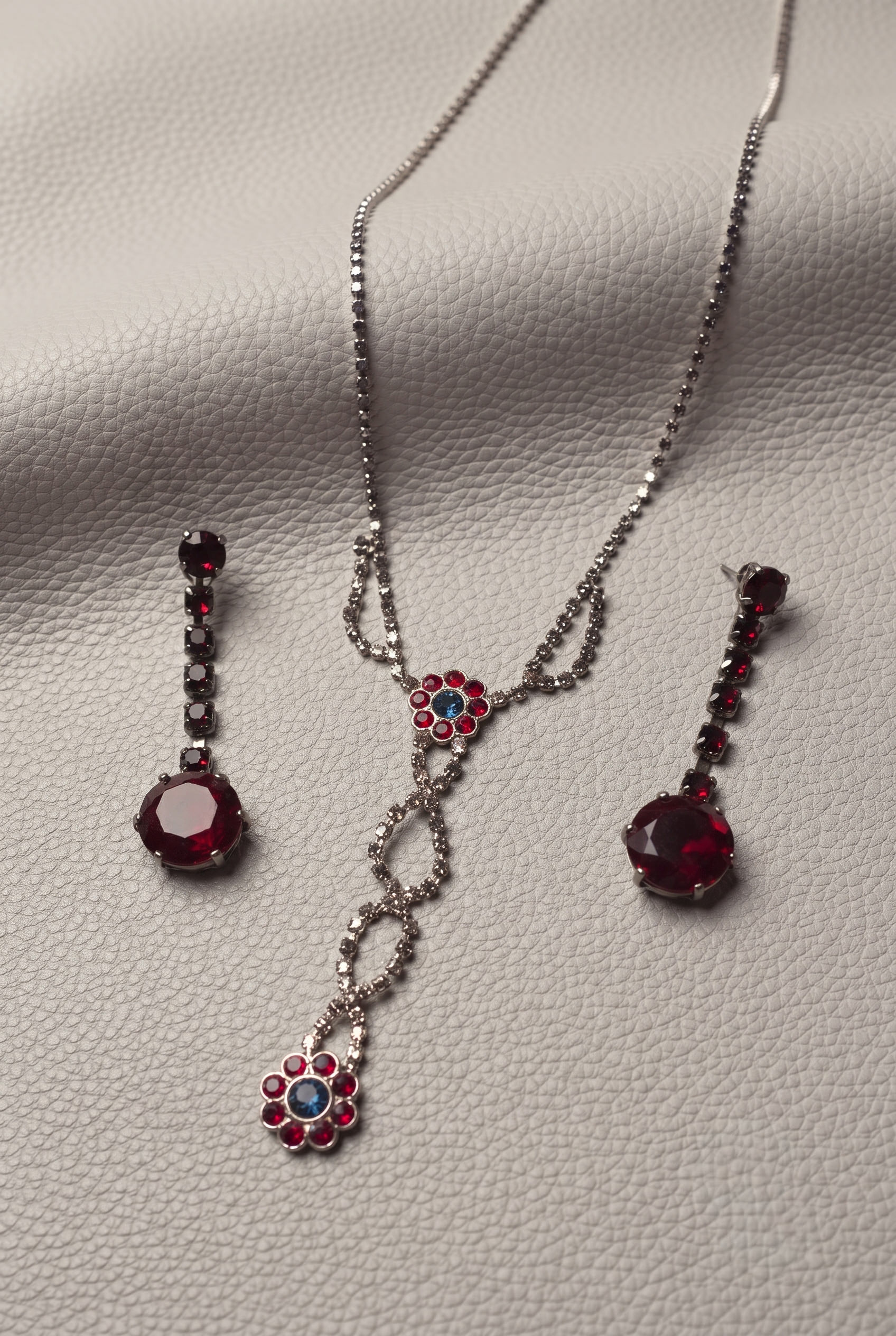 Red Garnet and Blue Sapphire Simulant Flower Necklace and Earrings