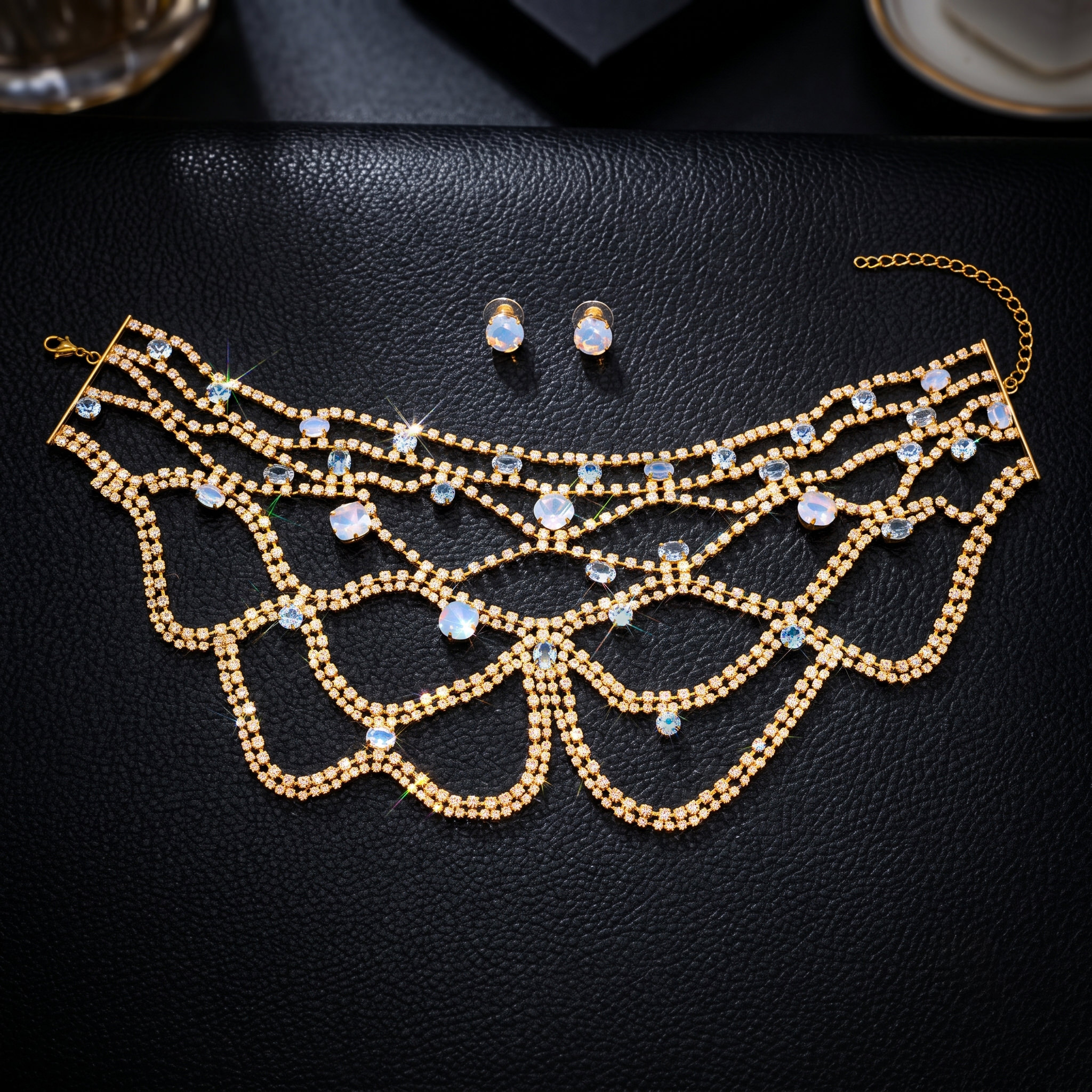 Statement Sky Blue Topaz and Moonstone Simulant Bib Necklace Set
