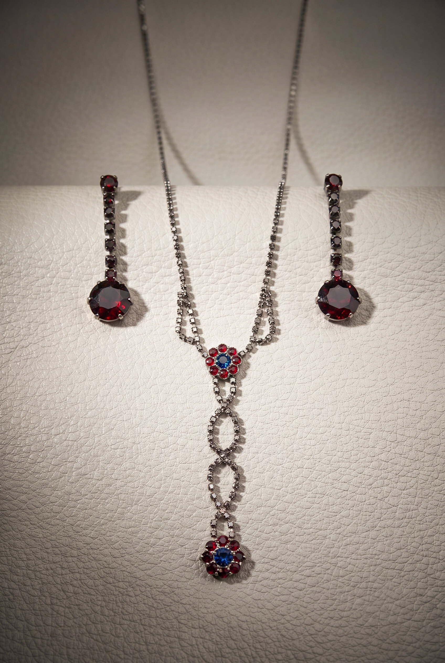 Red Garnet and Blue Sapphire Simulant Flower Necklace and Earrings - Image 3