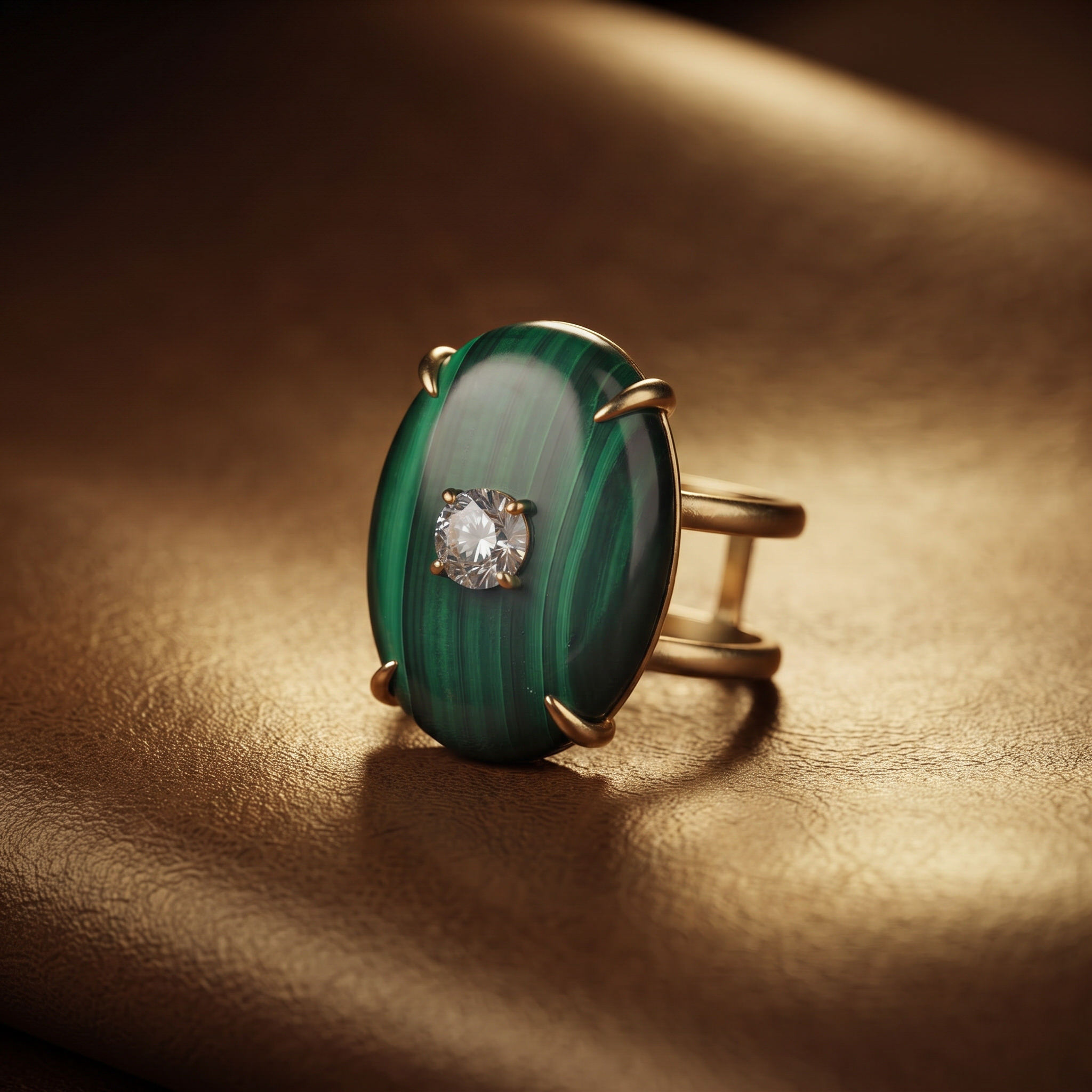 Natural Green Malachite Oval Ring with Faceted Zircon - Image 6