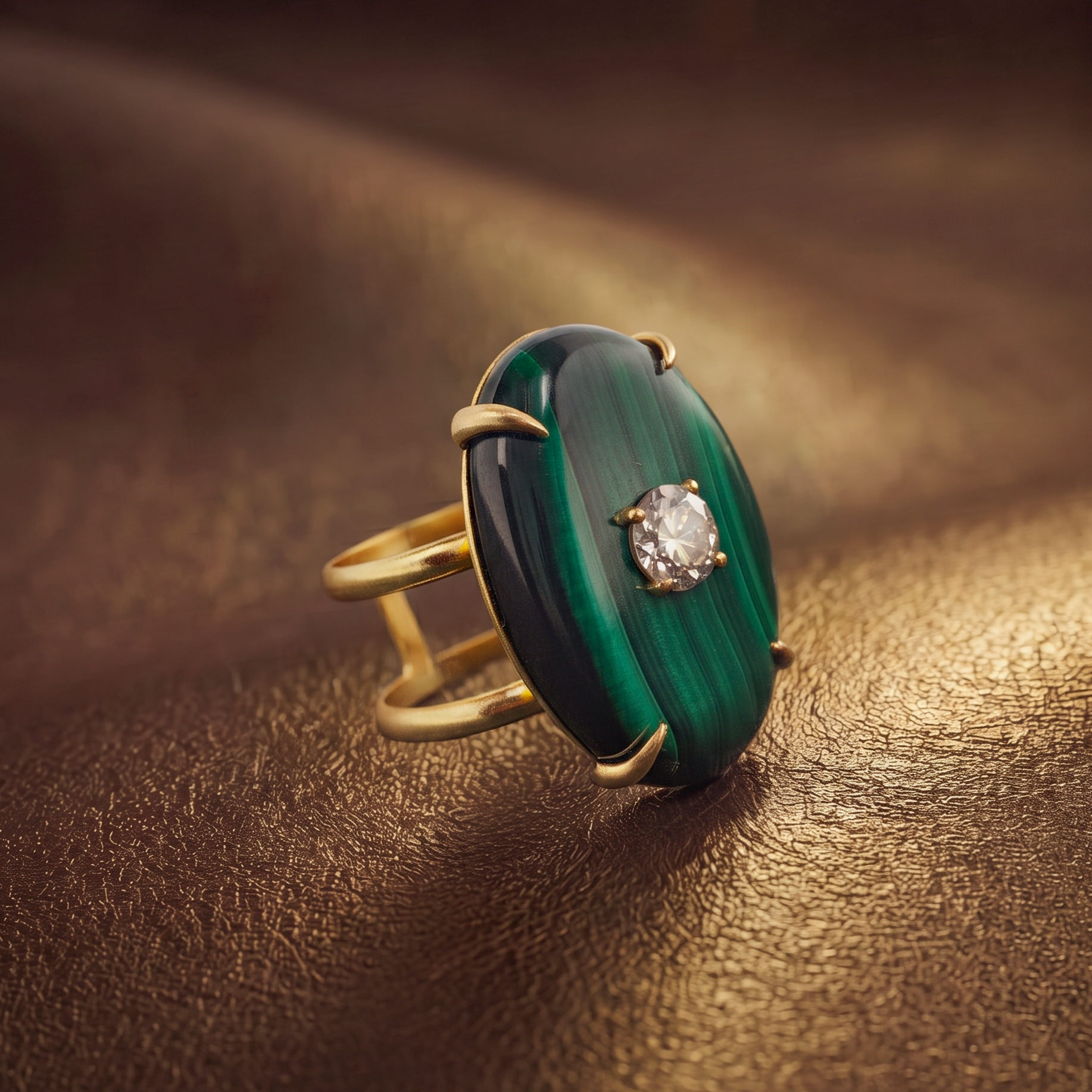 Natural Green Malachite Oval Ring with Faceted Zircon - Image 3