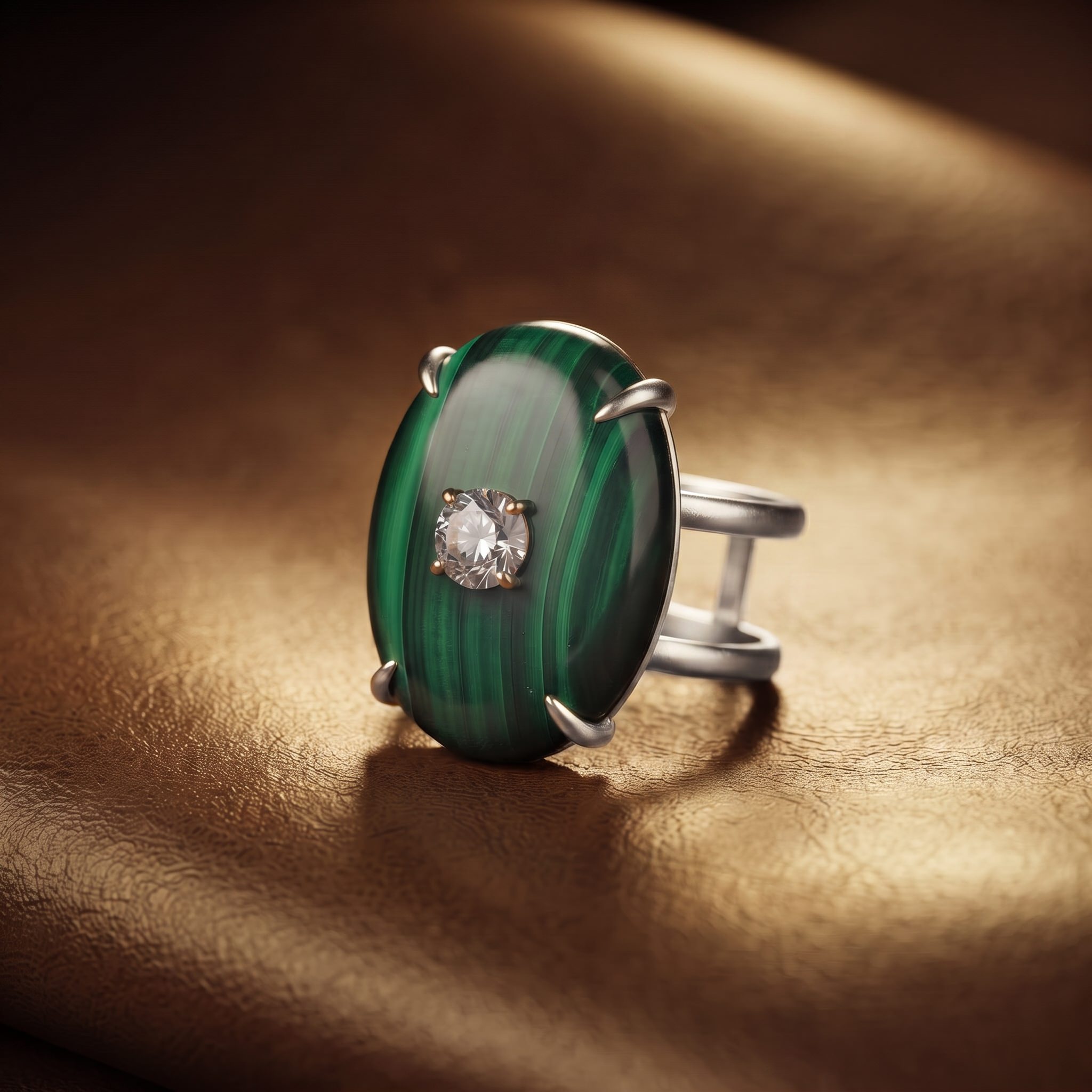 Natural Green Malachite Oval Ring with Faceted Zircon - Image 4