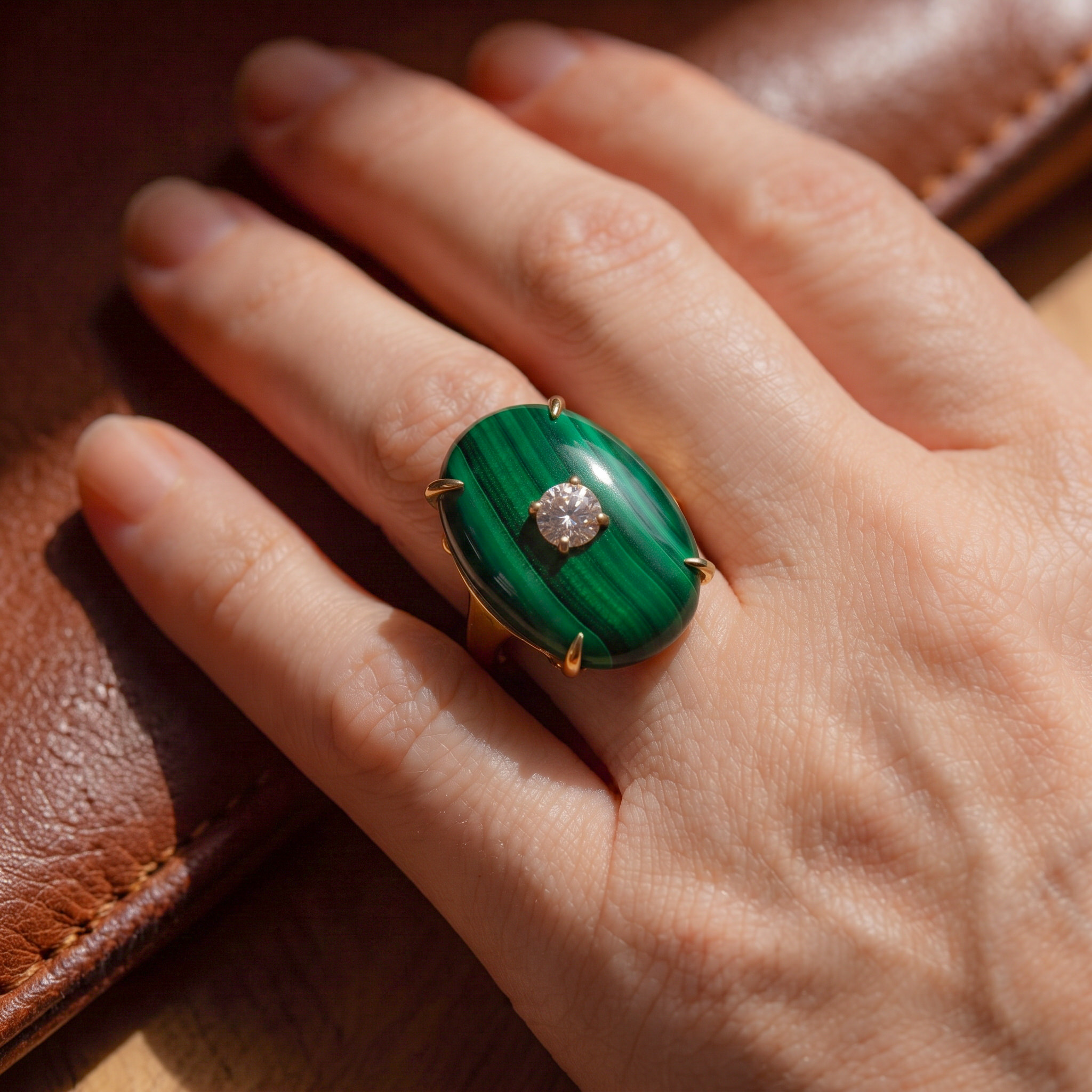 Natural Green Malachite Oval Ring with Faceted Zircon - Image 2