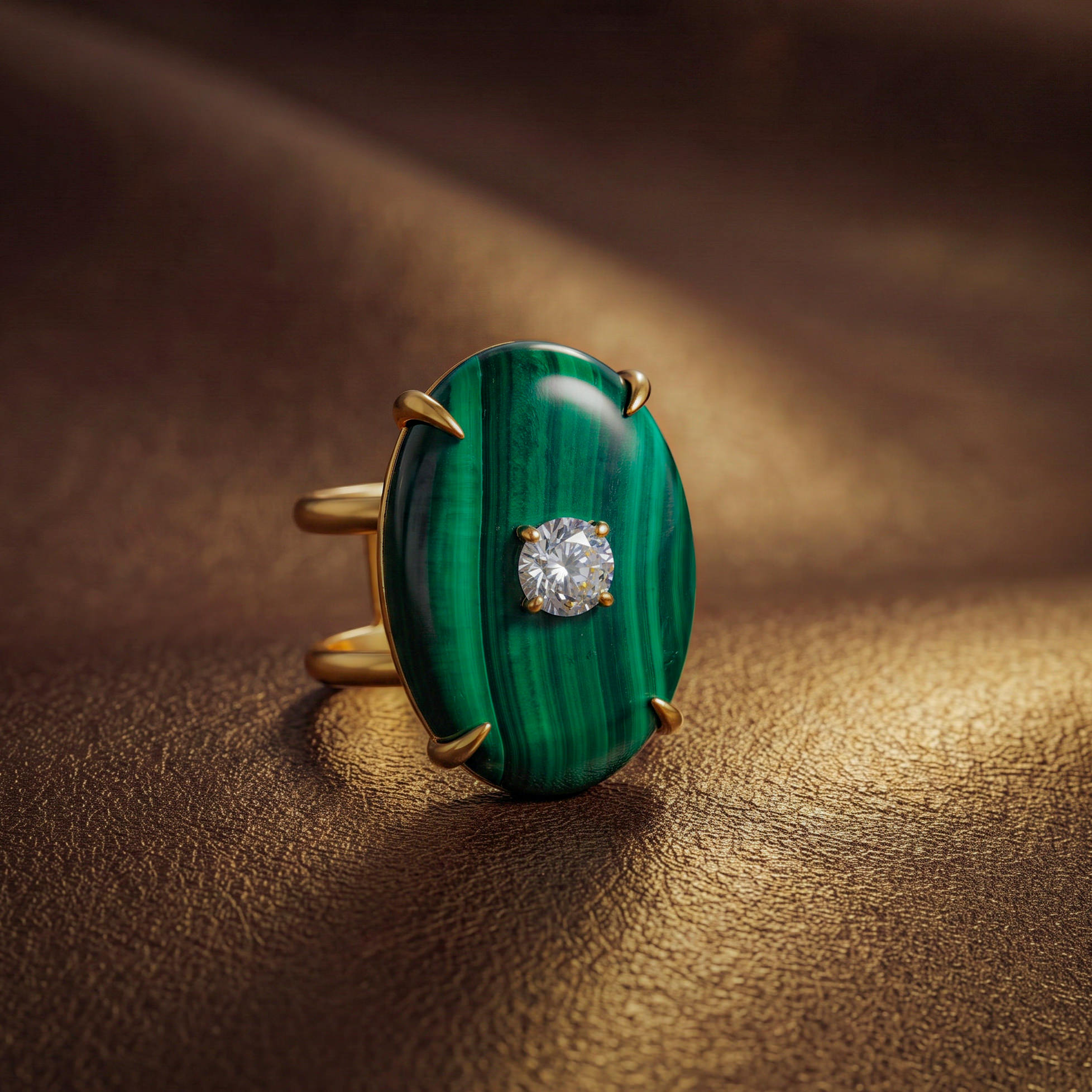 Natural Green Malachite Oval Ring with Faceted Zircon